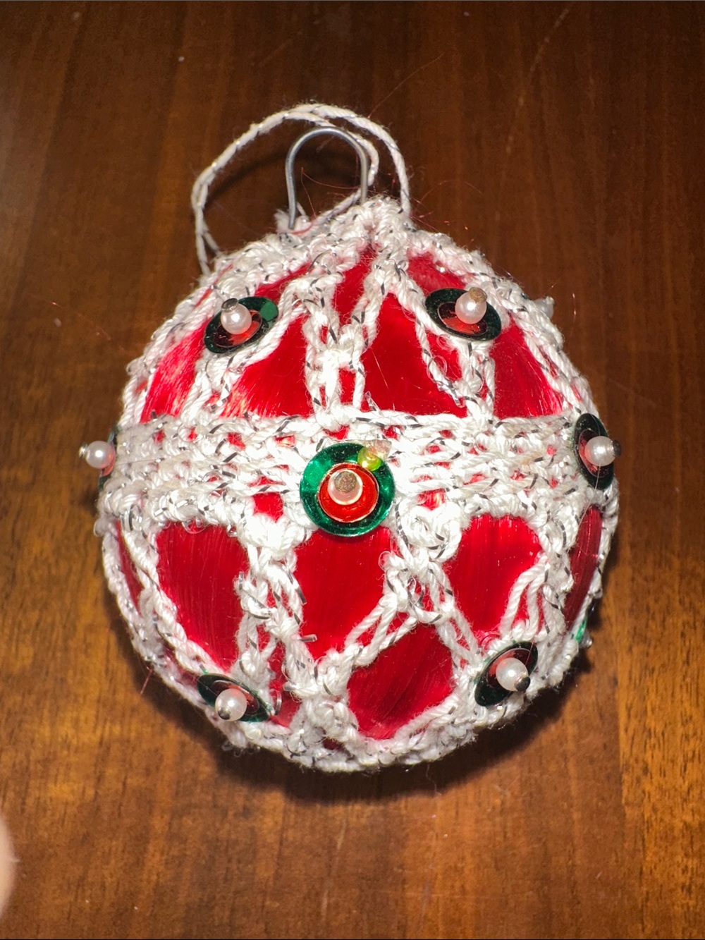 Vintage Handmade Red Push pin Christmas Ornament with Crochet Cover